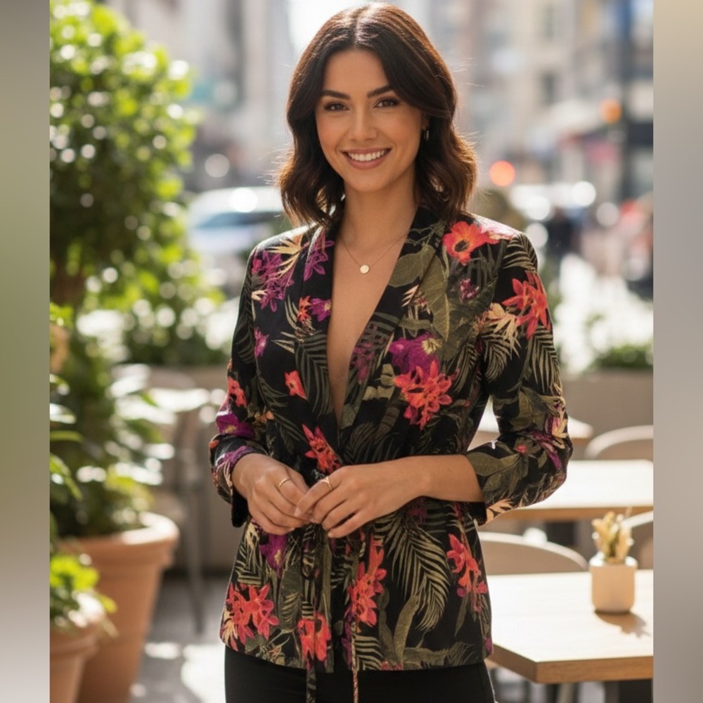 Worthington Isla Floral Lightweight Jacket Size S Long Sleeve StrapFront